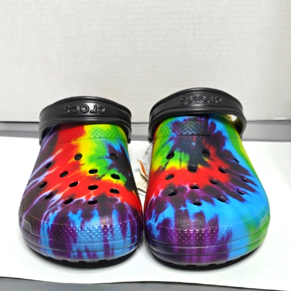 Mens Rainbow Tie Dye Swirl CROCS Red and Black Slip-On Clogs Shoes Size 11